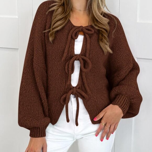 Women's Tie Front Bow Cardigan Sweaters Chunky Knit Long Puff Sleeve Trendy Fall - Picture 3 of 8